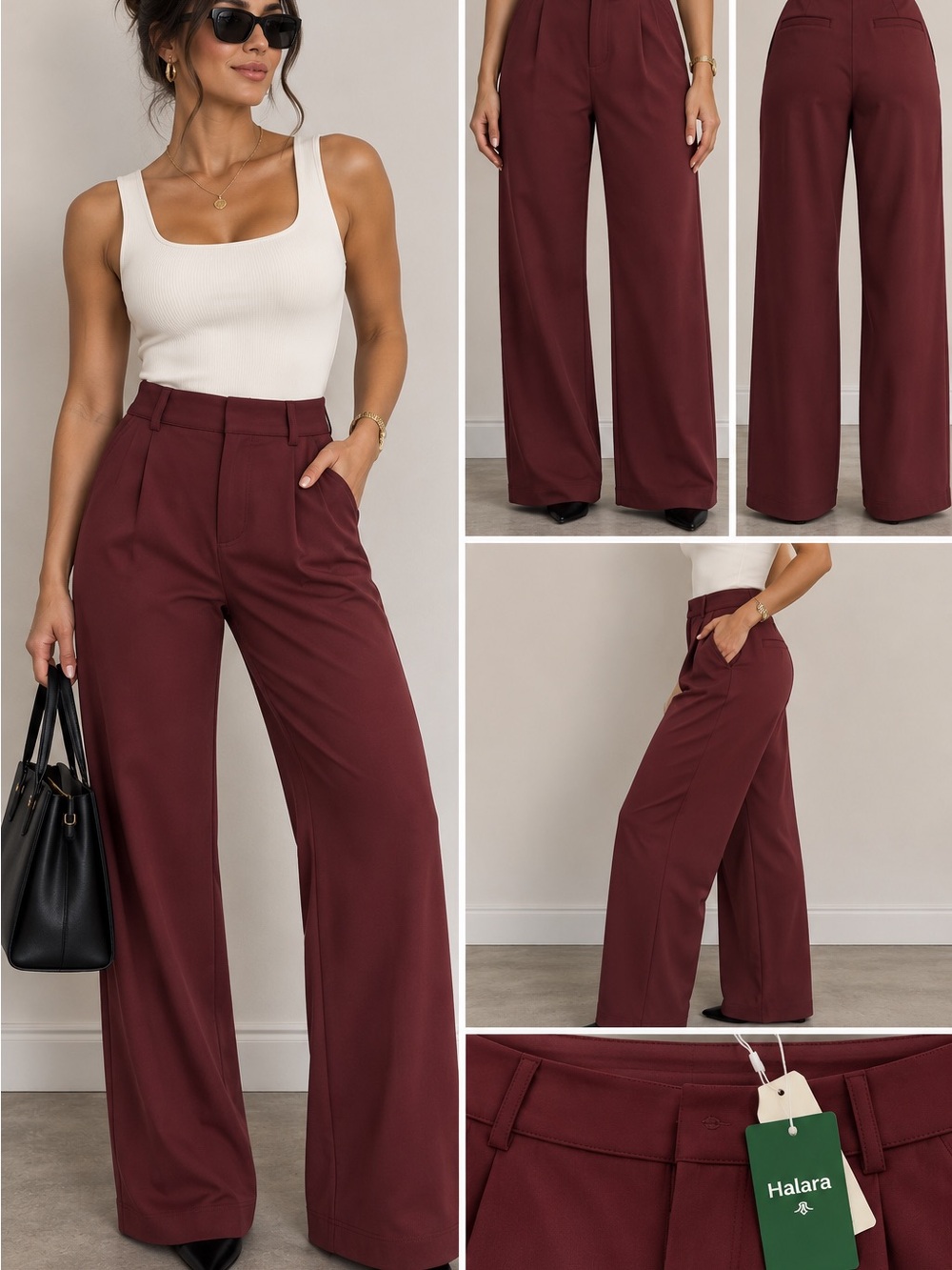 Halara Burgundy High Waisted Wide Leg Work Pants XS NWT